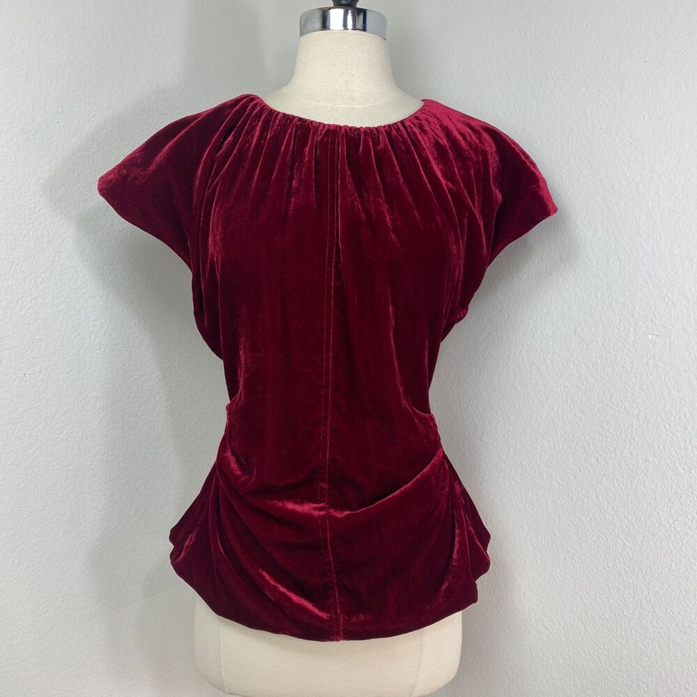 Alice & W Red Velvet Top Large Short Sleeves Ruched Cut-Out Back Glam Date Goth